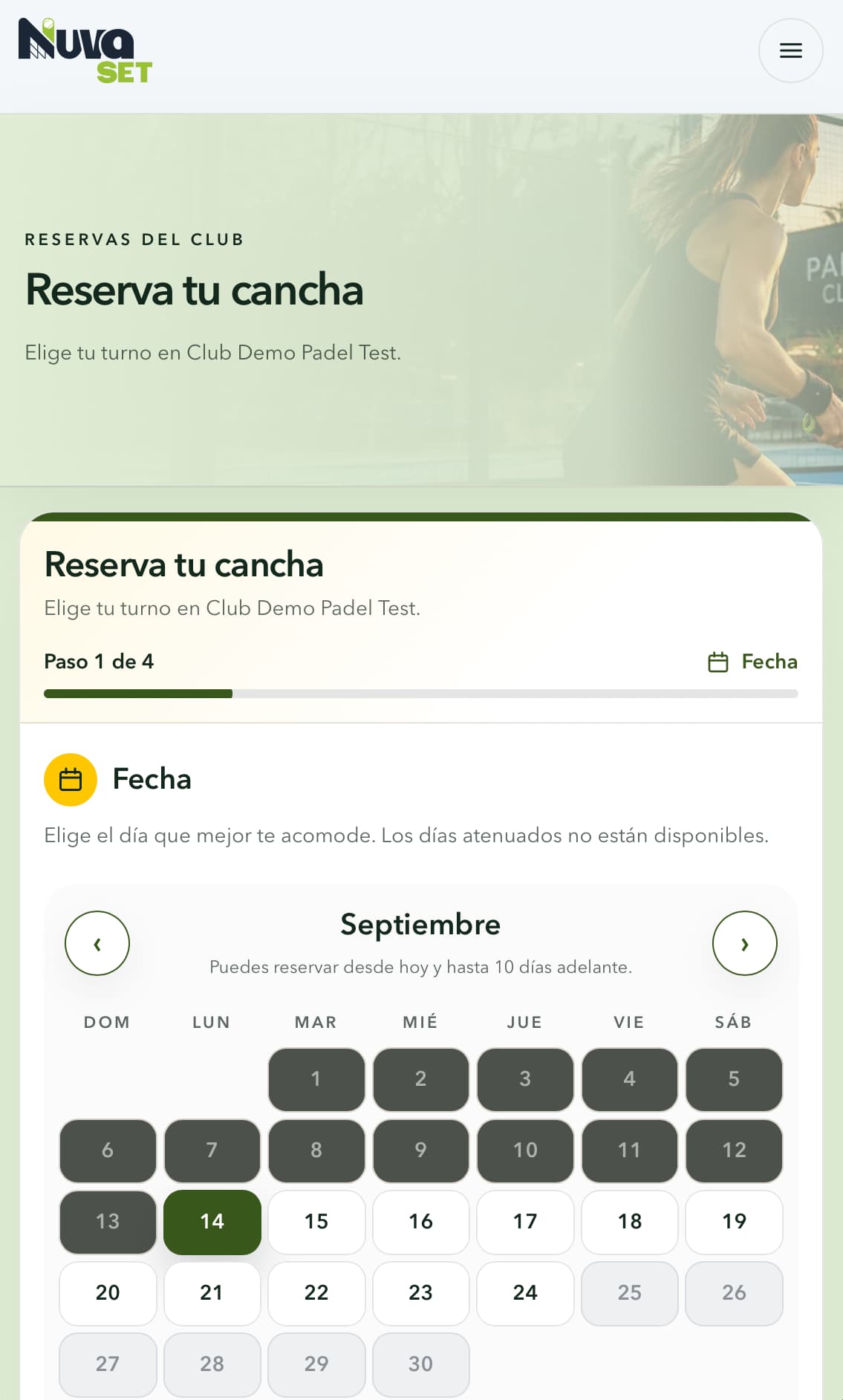 Reservas del club desde el móvil: selección de fecha