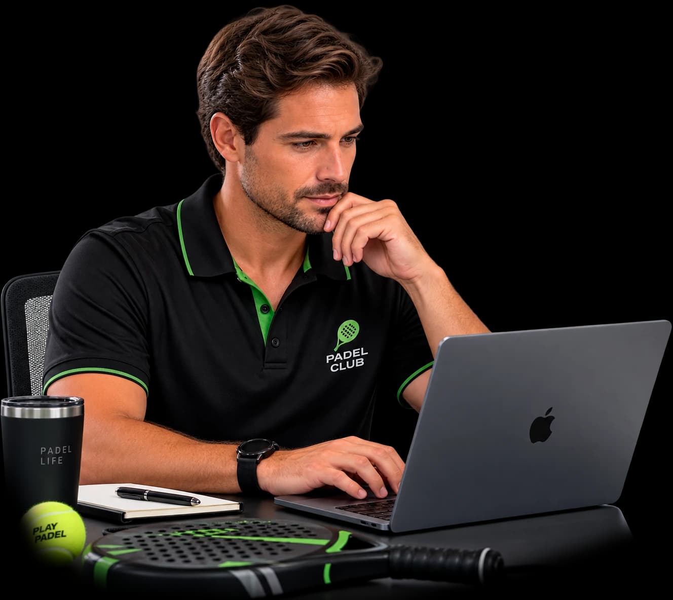 Dueño de un club de pádel trabajando con su computadora